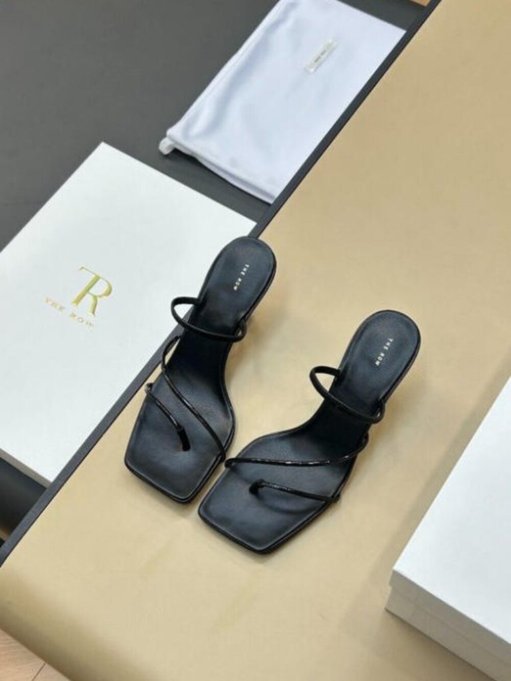 The Row Harlow Black Strappy Slingback Kitten Heel Sandals